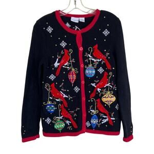 Kim Rogers Sz SP Vtg 90s Knitted Holiday Cardigan Boho Embroidered Beaded